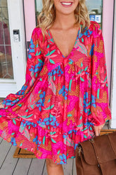 rose floral v neck bubble sleeve mini dress